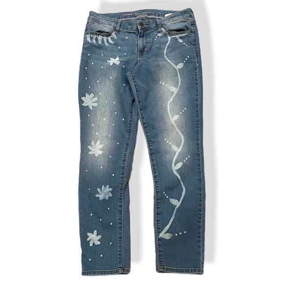 Hand reverse dyed painted flowers vines Jeans size 12 skinny - Picture 1 of 10